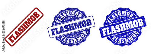 FLASHMOB grunge stamp seals in red and blue colors. Vector FLASHMOB watermarks with grunge surface. Graphic elements are rounded rectangles, rosettes, circles and text titles.