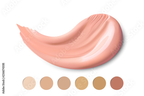 Cosmetic smear stroke. Liquid foundation smudge . Make up smear isolated on white background. Makeup concealer paint. 3d vector tone promo for different skin color types.