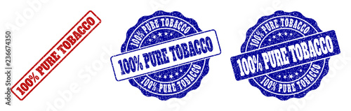 100% PURE TOBACCO grunge stamp seals in red and blue colors. Vector 100% PURE TOBACCO labels with distress effect. Graphic elements are rounded rectangles, rosettes, circles and text labels.