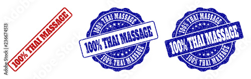 100% THAI MASSAGE grunge stamp seals in red and blue colors. Vector 100% THAI MASSAGE overlays with draft surface. Graphic elements are rounded rectangles, rosettes, circles and text captions.
