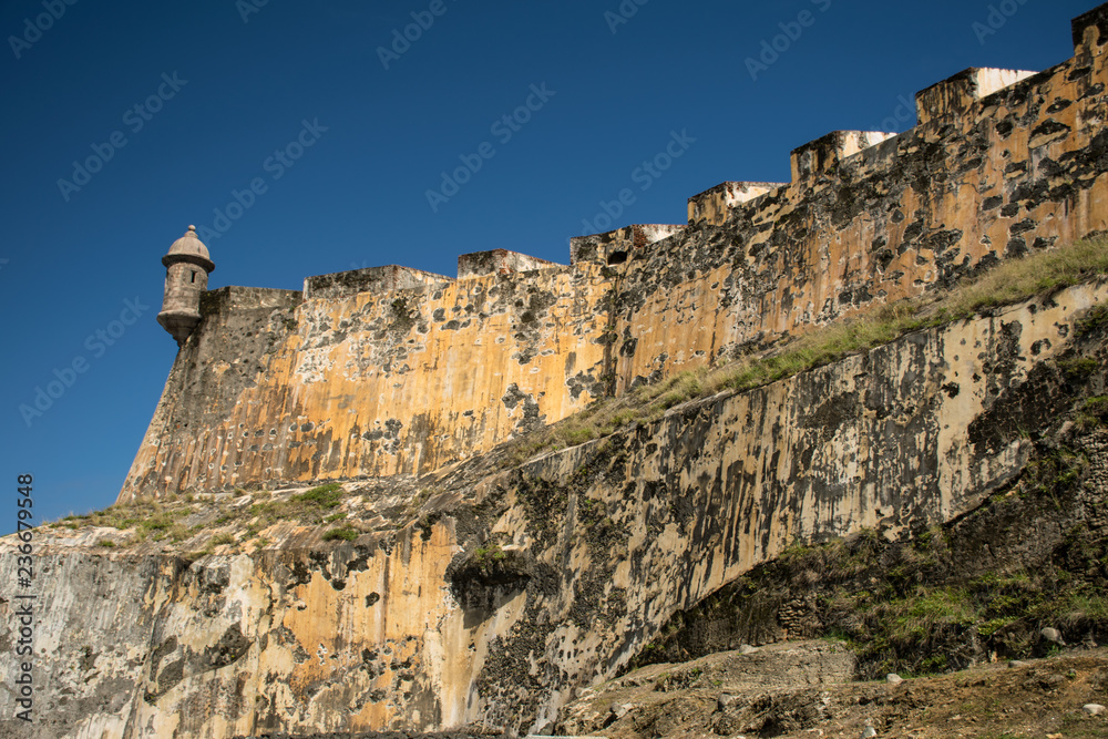 Walls and battlements of El Morro Fortress in San Juan, Puerto Rico USA
