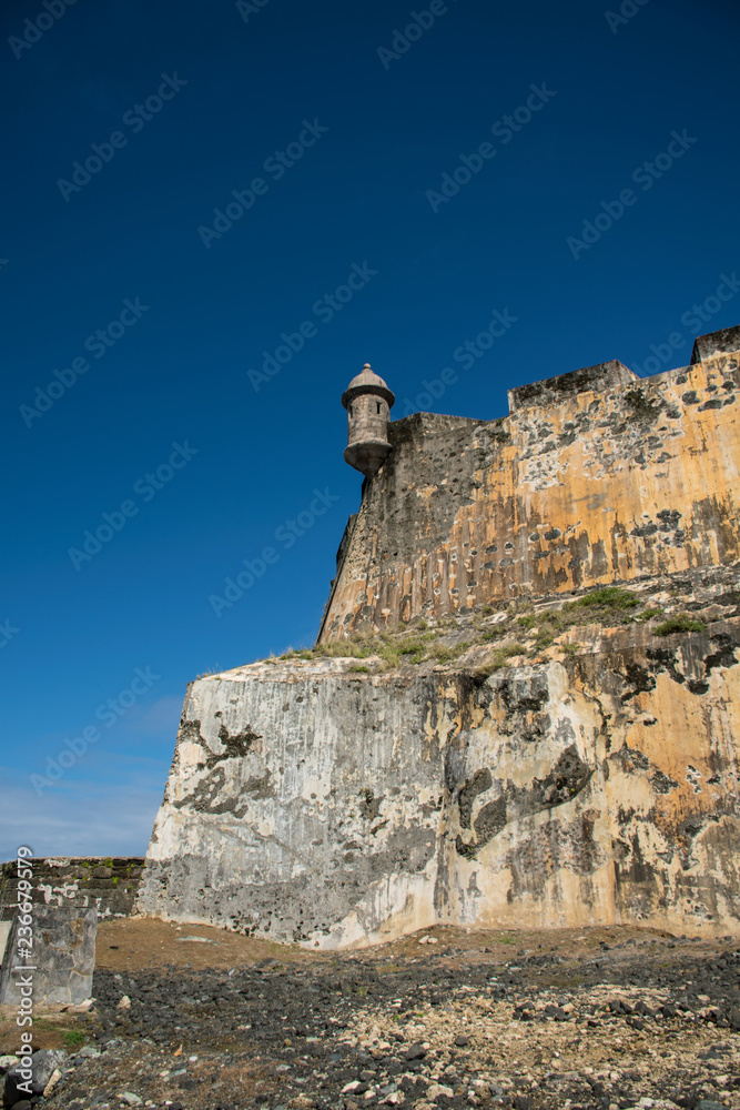 Walls and battlements of El Morro Fortress in San Juan, Puerto Rico USA