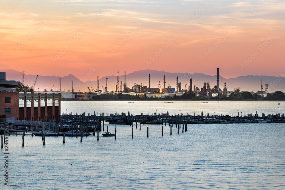Obraz premium View of the Industrial area known as Porto Marghera or Venezia Porto Marghera and the Venetian lagoon.
