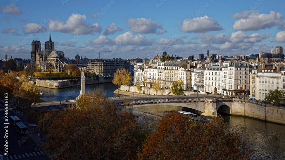 Paris, France - November 13, 2018: Notre Dame de Paris viewed from rooftop of Institut du Monde Arabe