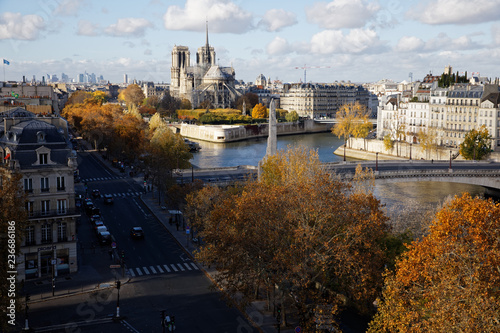 Paris, France - November 13, 2018: Notre Dame de Paris viewed from rooftop of Institut du Monde Arabe