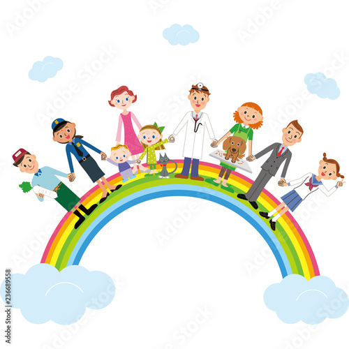 虹に乗っている街の人々