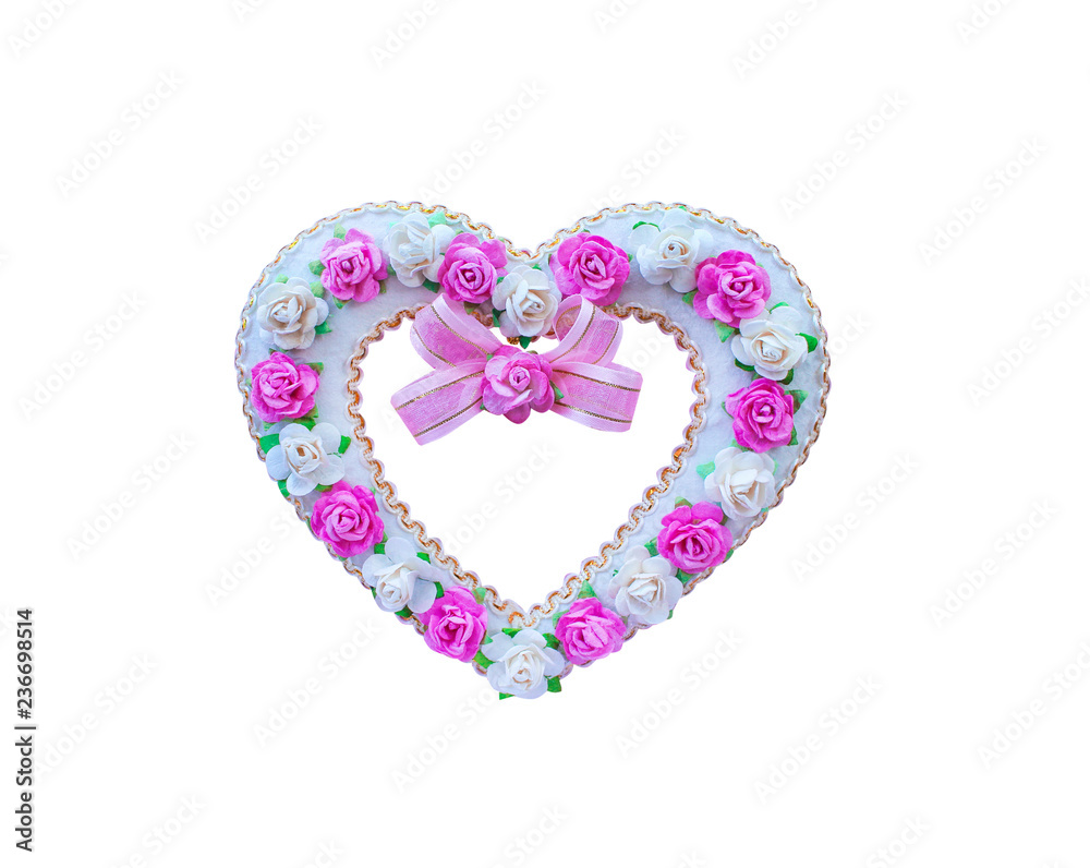 Heart shape with rose flower pattern and pink ribbon bow ,made from mulberry paper isolated on white background ,clipping path ,decoration valentine day concept Heart shape with rose flower pattern and pink ribbon bow ,made from mulberry paper isolated on white background ,clipping path ,decoration valentine day concept