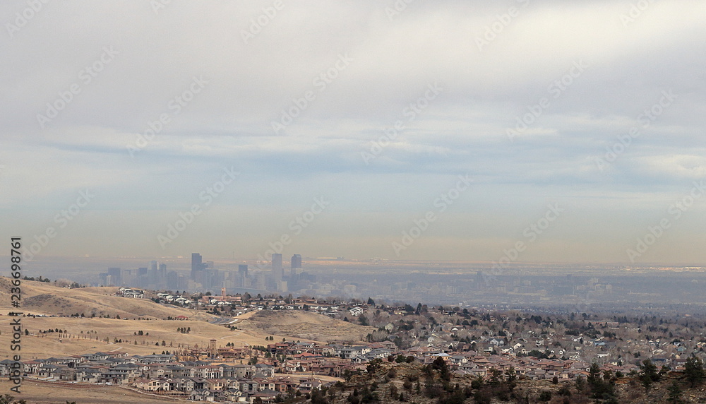 Panoramic view of Denver and the skyline of the city from Rocky Mountain park near Morrison, Colorado