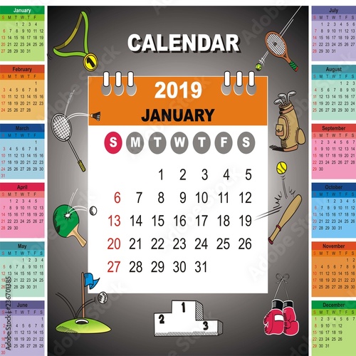 calendar 2019. set desk calendar template with sport theme