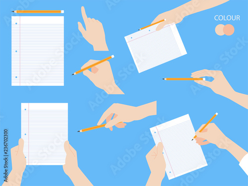 Set of human hands with different gestures collection for design, animation,Palm and finger draw icons, skin, white Long sleeved shirt, arm on blue background, flat style cartoon vector illustration.