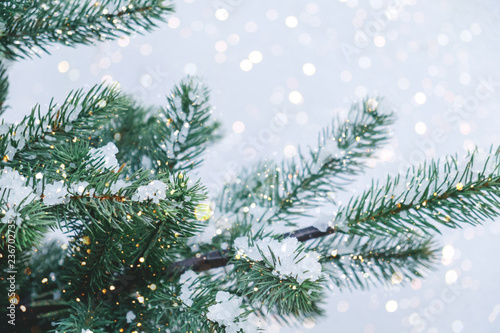 Closeup of Christmas tree with light, snow flake. Christmas and New Year holiday background. vintage color tone.