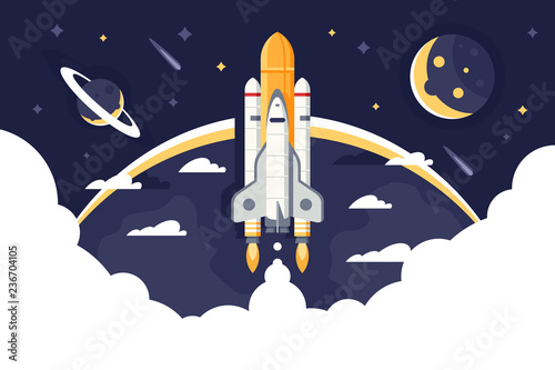 Space shuttle takes off, rocket from earth into space and flights among stars.