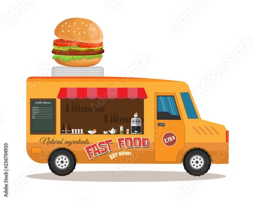 Food truck with hotdog, coffee, hamburger, vector street food background