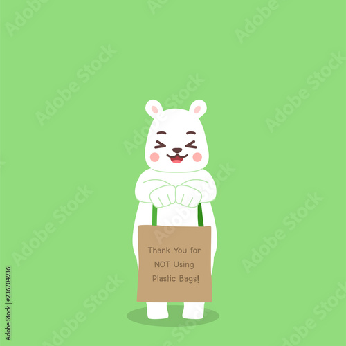Thank you for not using Plastic Bags, Big cute white Polar bear happy,No Plastic Bag Concept, save world, protect animals flat design vector.