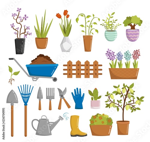 Big set of farm gardening tools cartoon elements vector illustration