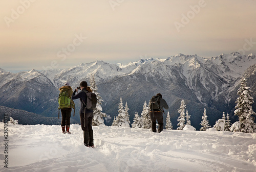 People enjoying the frozen landscape in the olympic mountains of washington state