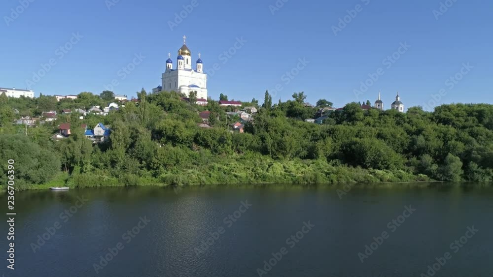 Aerial view of Ascension Cathedral church in Yelets city, Lipetsk region, Russia, 4k Aerial view of Ascension Cathedral church in Yelets city, Lipetsk region, Russia, 4k