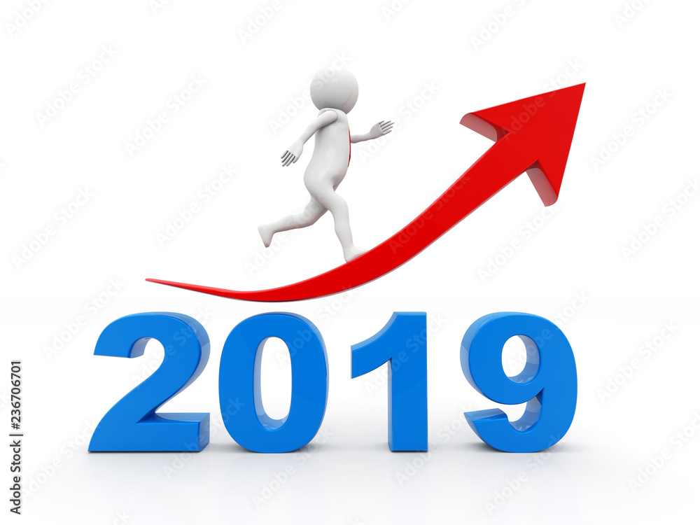 business graph with arrow up and 2019 symbol, represents growth in the new year 2019, business man running on 2019, 3D illustration business graph with arrow up and 2019 symbol, represents growth in the new year 2019, business man running on 2019, 3D illustration