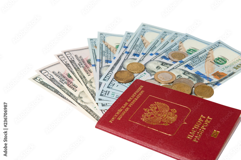 Passport and money. Travel expenses concept uncropped on white background. Money from different countries. Passport and money. Travel expenses concept uncropped on white background. Money from different countries.