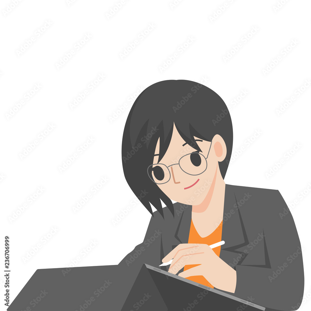 woman wearing eyeglasses smile writng on black Tablet with white pencil flat design vector on white background. woman wearing eyeglasses smile writng on black Tablet with white pencil flat design vector on white background.