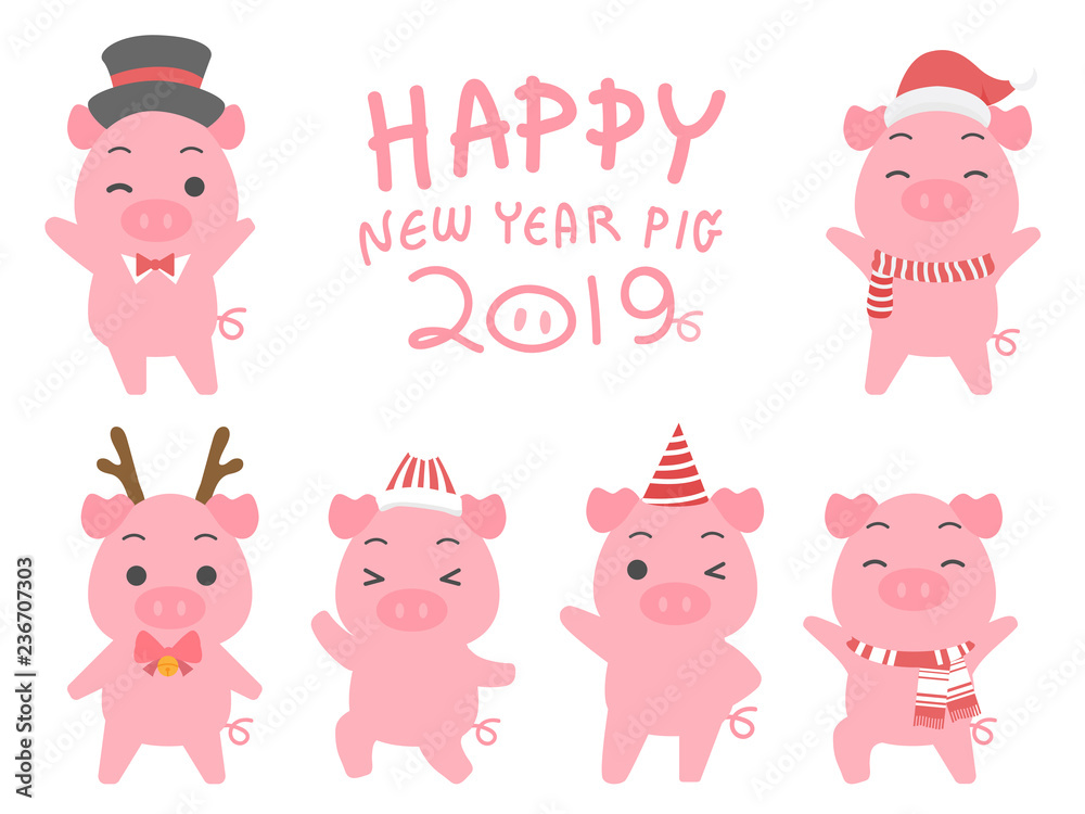 Obraz premium Set of cute fat pink pigs cartoon character for Happy New Year 2019 Holiday. Happy Cheerful and Funny pigs posing in different situations flat vector illustrator.
