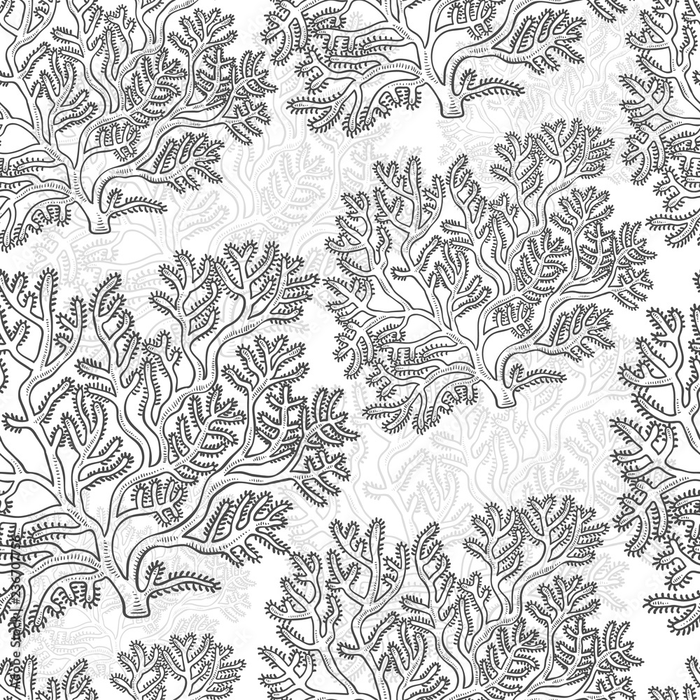 Vector seamless pattern corals. Polyps monochrome black white outline ...