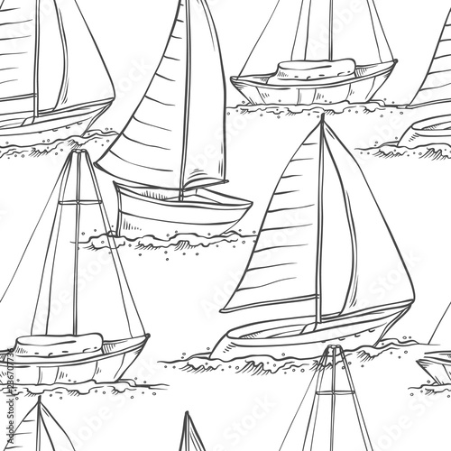 Vector seamless pattern sailing yachts on sea waves. Water transport for travel, recreation and sports monochrome black white of line sketch illustrations isolated on white background