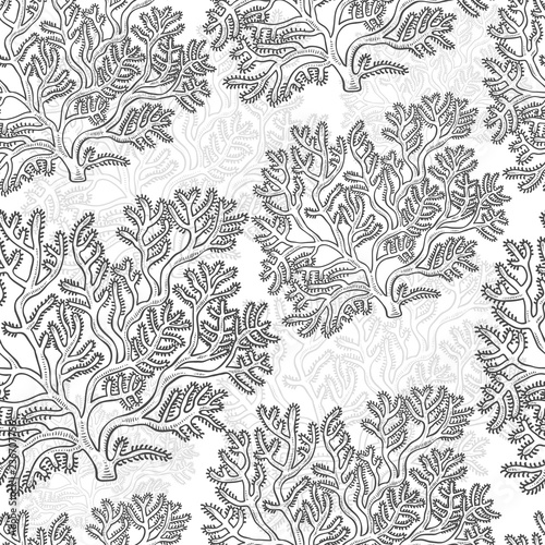 Vector seamless pattern corals. Polyps monochrome black white outline sketch illustration isolated on white background for design of tourist marine theme.