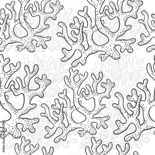 Vector seamless pattern corrals. Polyps monochrome black white outline sketch illustration isolated on white background for design of tourist marine theme.