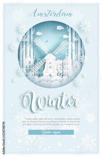 Winter in Amsterdam for travel and tour advertising concept with world famous landmark in paper cut style vector illustration.