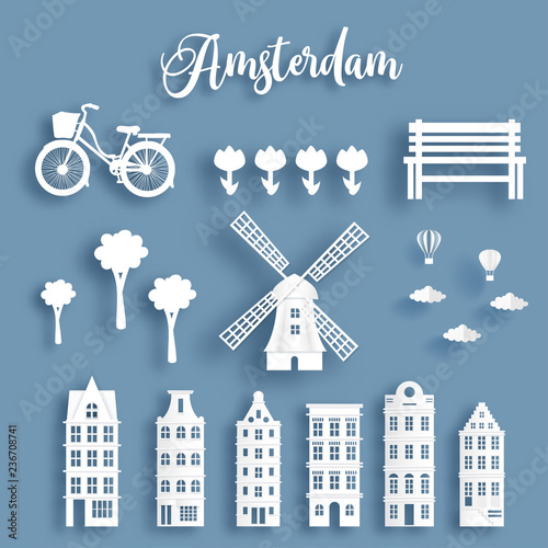 Dutch symbol with famous landmark in pack. Paper cut style vector illustration. Amsterdam, The Netherlands.
