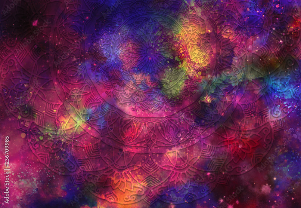 Abstract ancient geometric with star field and colorful galaxy background, watercolor digital art painting and mandala graphic design