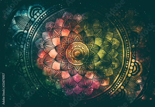 Abstract ancient geometric with star field and colorful galaxy background, watercolor digital art painting and mandala graphic design