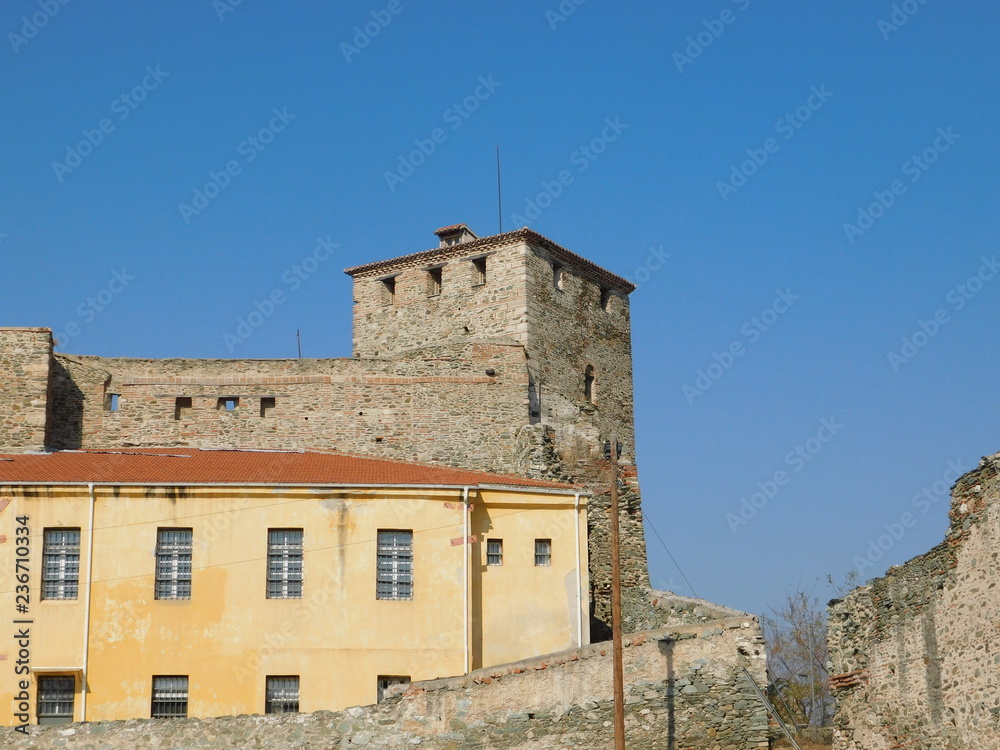 November 2018, Thessaloniki, Greece. External view of the Eptapyrgio, or Seven Towers, castle and former prison. A prison building and a tall defensive tower