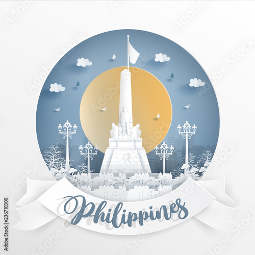 World famous landmark of Philippines with white frame and label. Travel postcard and poster, brochure, advertising Vector illustration.