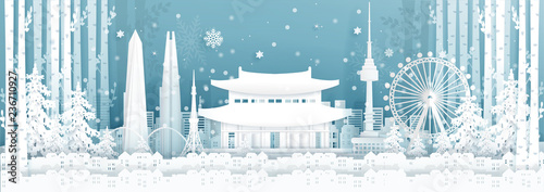 Panorama postcard and travel poster of world famous landmarks of Seoul, South Korea in winter season in paper cut style vector illustration