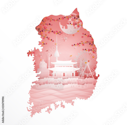 Autumn in South Korea with map and season concept for travel postcard, poster, tour advertising of world famous landmarks in paper cut style. Vector illustration.