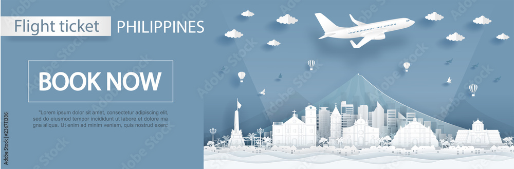 Flight and ticket advertising template with travel to Philippines concept and famous landmarks in paper cut style vector illustration