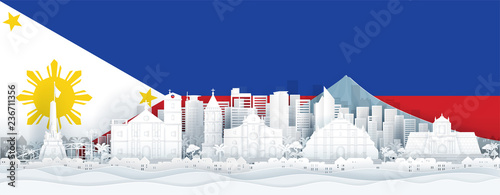 Philippines flag and famous landmarks in paper cut style vector illustration.