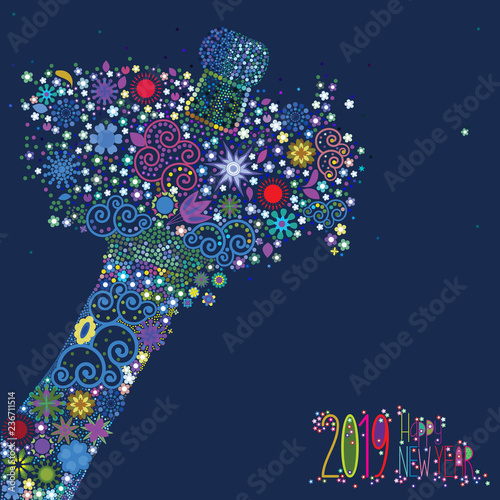 An abstract vector illustration of flowers popping from a champagne bottle with a fizz of floral splash for the New Year 2019 on a blue background
