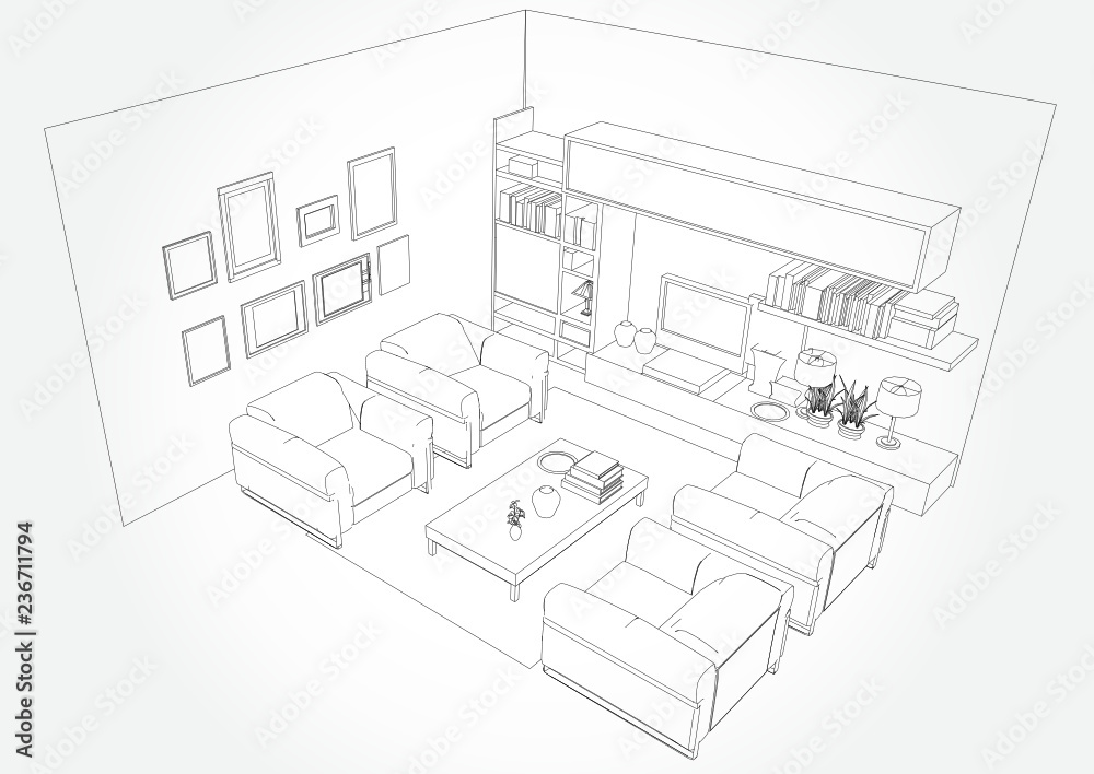 Linear sketch of an interior. Living room plan. Sketch Line sofa set. Vector illustration.outline sketch drawing perspective of a interior space. Linear sketch of an interior. Living room plan. Sketch Line sofa set. Vector illustration.outline sketch drawing perspective of a interior space.