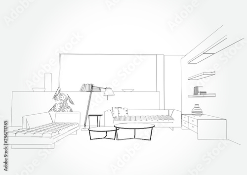 Linear sketch of an interior. Living room plan. Sketch Line sofa set. Vector illustration.outline sketch drawing perspective of a interior space.