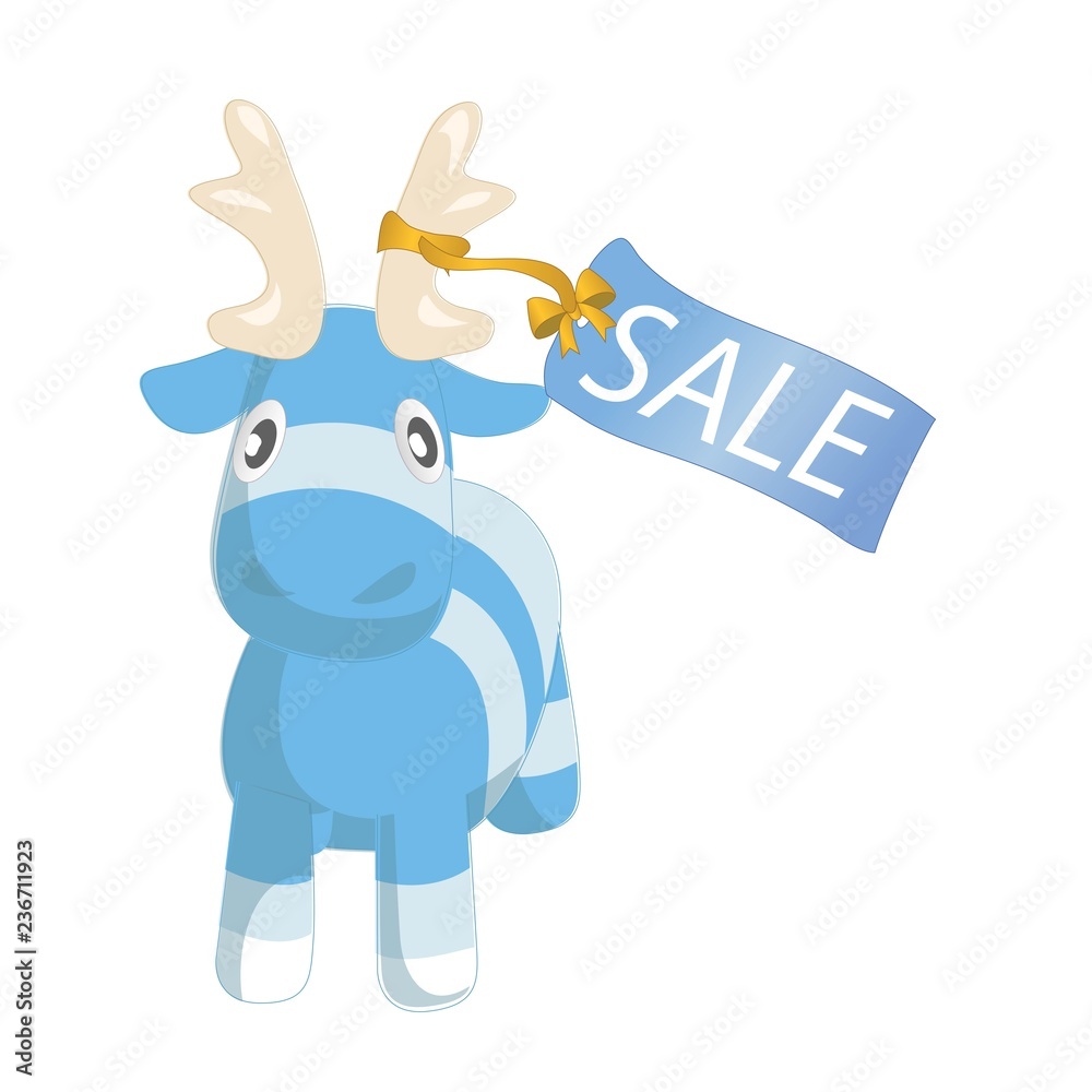 Vector cute blue cartoon reindeer toy with sale label. Funny character for merry christmas and new year holiday illustrations.