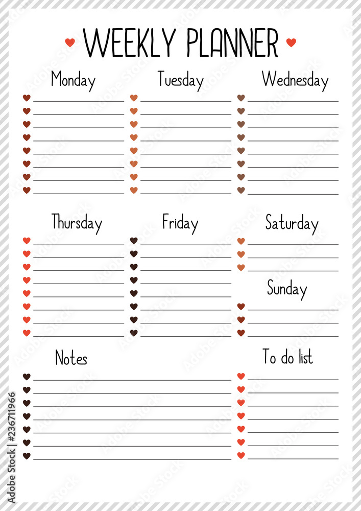 Weekly planner for  for diary, notebook. Printable A4 planner vector illustration - obrazy, fototapety, plakaty 
