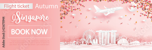 Flight and ticket advertising template with travel to Singapore in autumn season with falling maple leaves and famous landmarks in paper cut style vector illustration