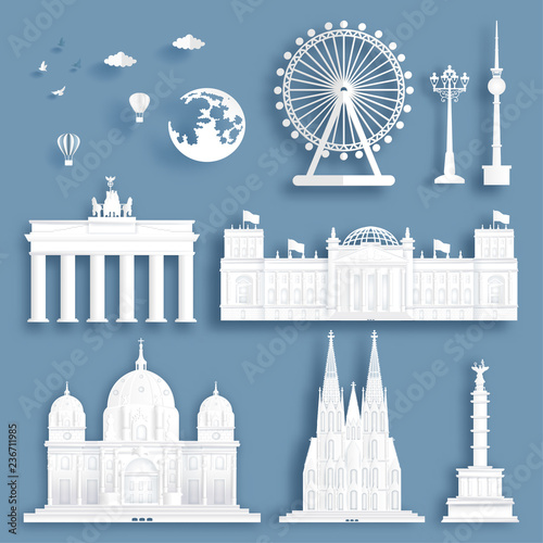 Collection of Germany famous landmarks in paper cut style vector illustration.