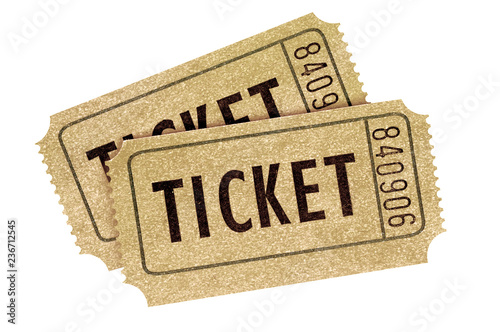 Two old vintage movie tickets isolated white background.