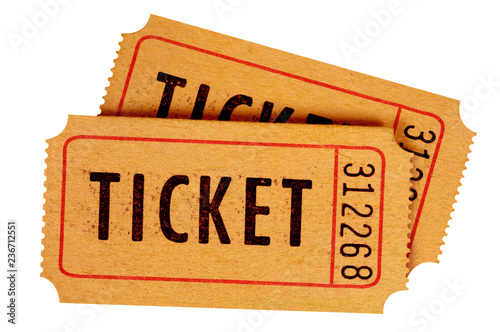 Two old movie tickets isolated white background.