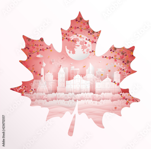 Autumn in Philippines with maple leave style in season concept for travel postcard, poster, tour advertising of world famous landmarks in paper cut style. Vector illustration.