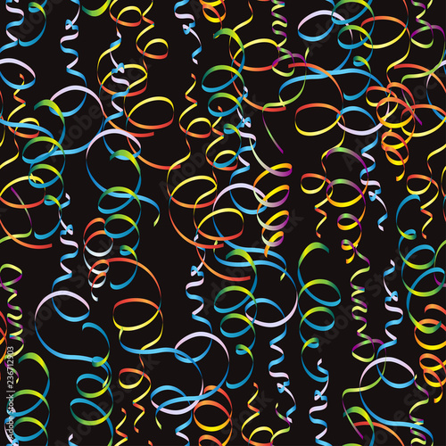 Multicolored serpentine on black. Luxurious tinsel elements. Holiday backdrop. Vector illustration.